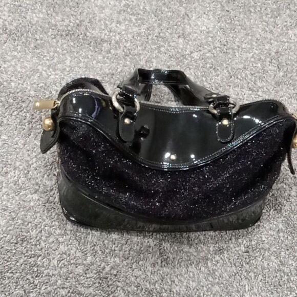 Emporio Armani black patent leather and polyester fuzzy sparkle 2 handle purse - Picture 2 of 7